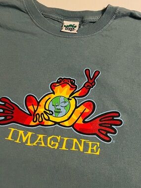 VINTAGE Peace Frogs Imagine Earth World Colorful T-Shirt XL Blue Organic Logo